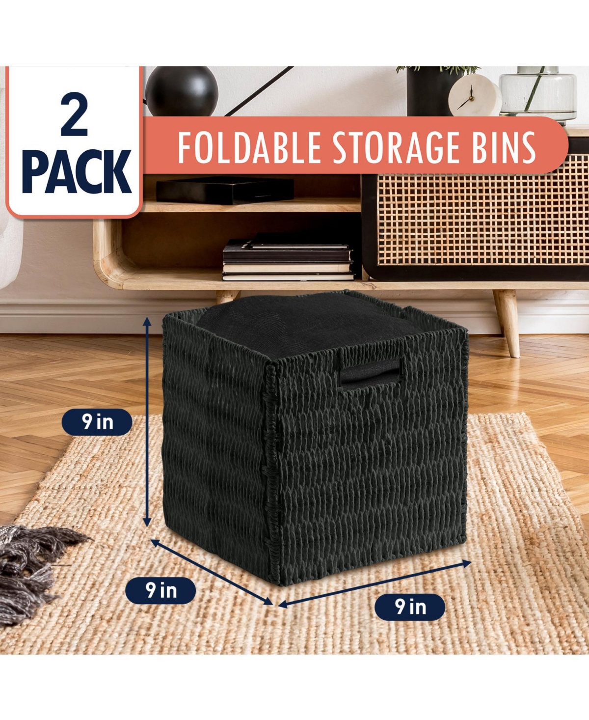 Ornavo Home Collapsible Paper Wicker Inch Square Storage Cube Bin Basket - 2 Pack