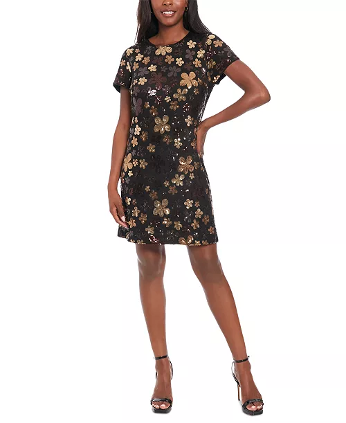 women's floral sequin short-sleeve shift dress