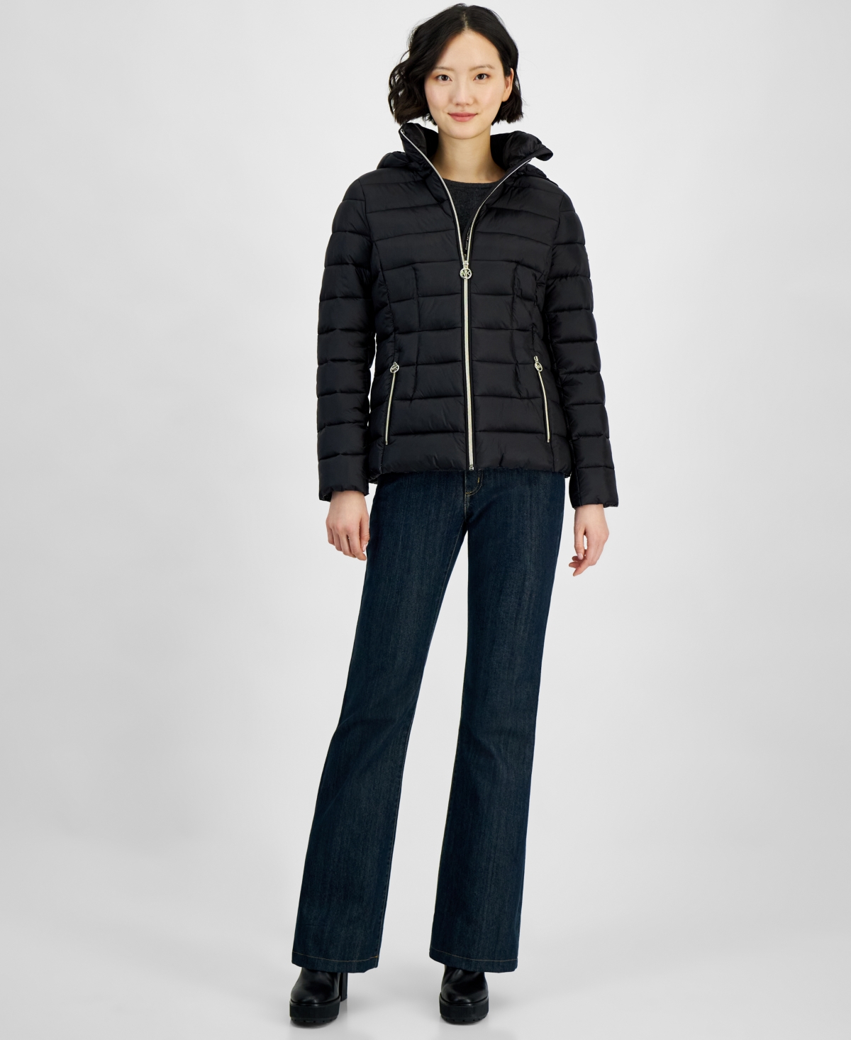 Michael Kors Michael  Women's Hooded Zip Packable Down Puffer Coat In Black