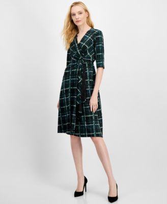 Robbie Bee - Women's Printed V-Neck Faux-Wrap Dress