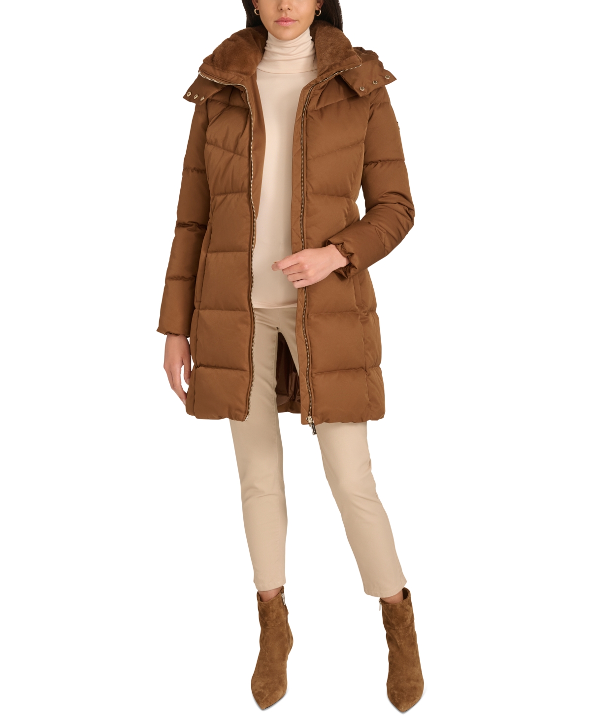 Calvin Klein Women's Hooded Faux-fur-lined Midi Puffer Coat In Chestnut