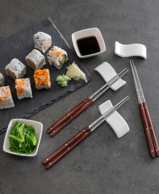 Pakkawood Chopsticks, Ceramic Rests and Sauce Bowls, Set of 4 Pairs