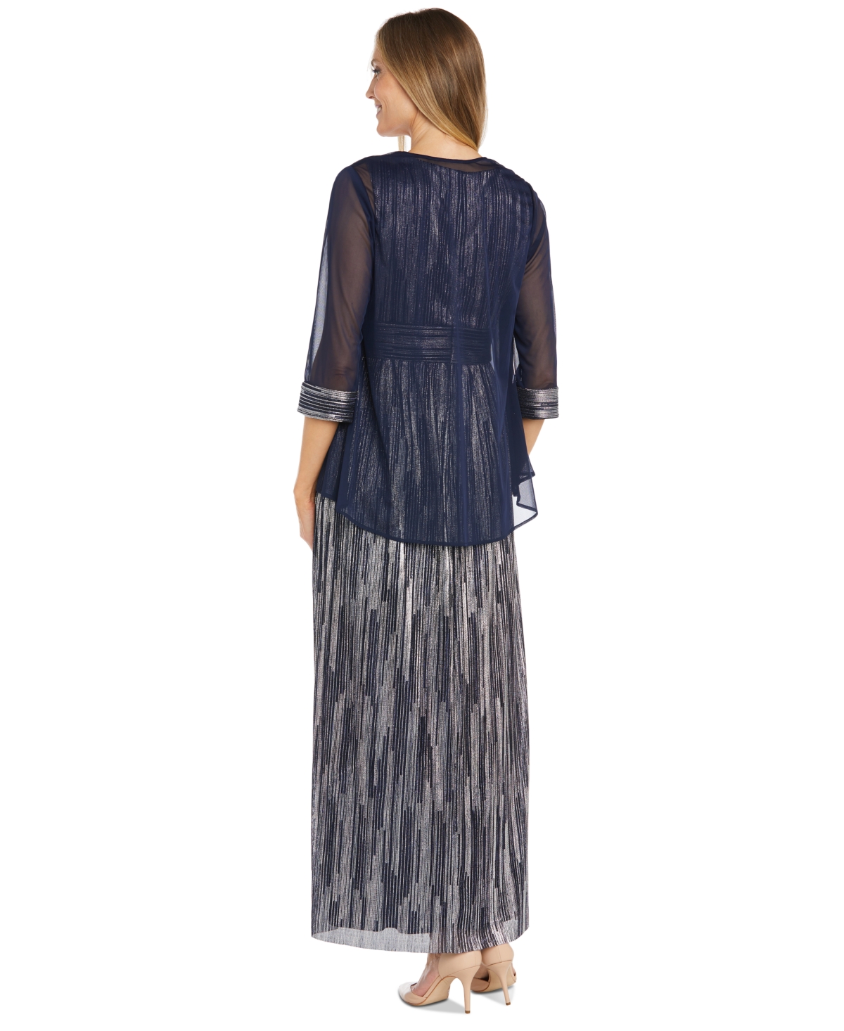 R & M Richards Women's Draped Open-Front Sheer Jacket & Metallic Gown -Silver
