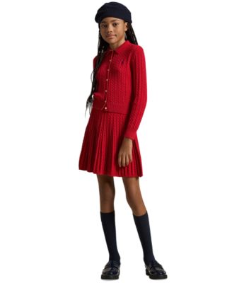 Big Girls Cotton Polo Cardigan Skirt Set
