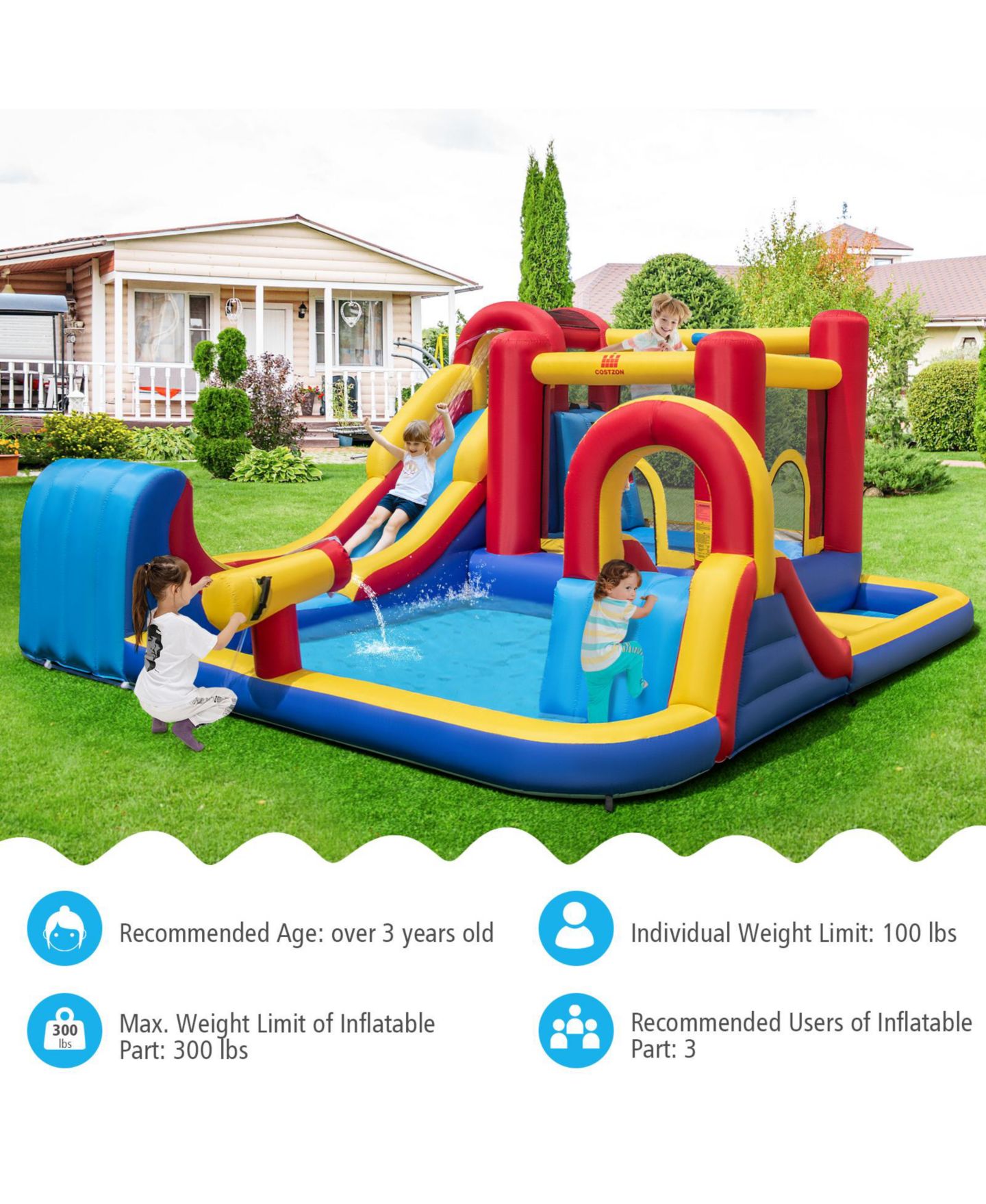Детские игрушки INOLAIT 7 in 1 Outdoor Inflatable Bounce House with Water Slides, Splash Pools, and 735W Blower — фото 4