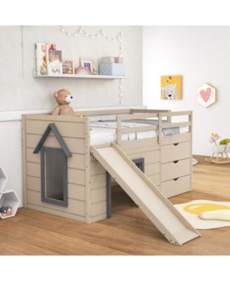 3-In-1 Twin Loft Bed with Slide Ladder Drawers for Kids Teens-Beige