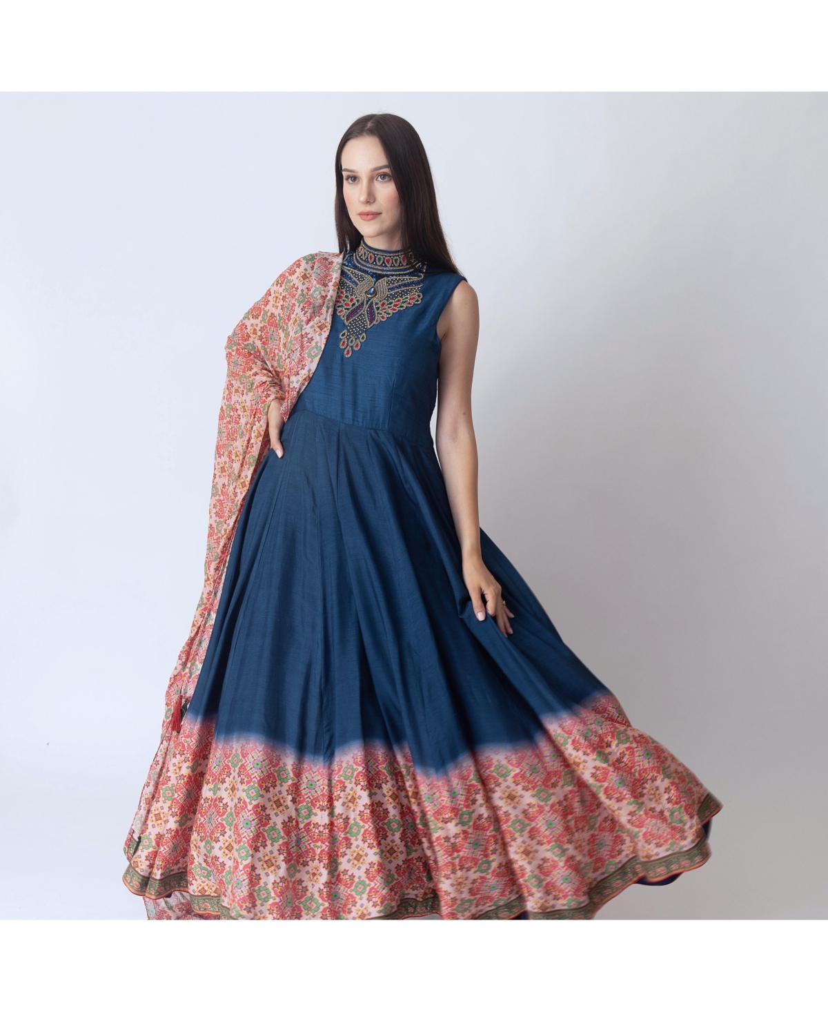 Raas Women's Blue Anarkali Suit with Hand Embroidery on the Torso and Patola Print on the Hem - Blue multi