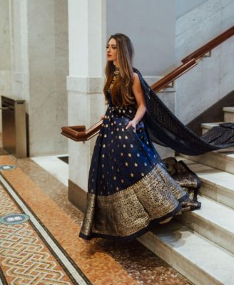 Women's Blue Anarkali Gown with Sequins and Cutdana Handwork on the Torso and Banarasi Jacquard Bottom