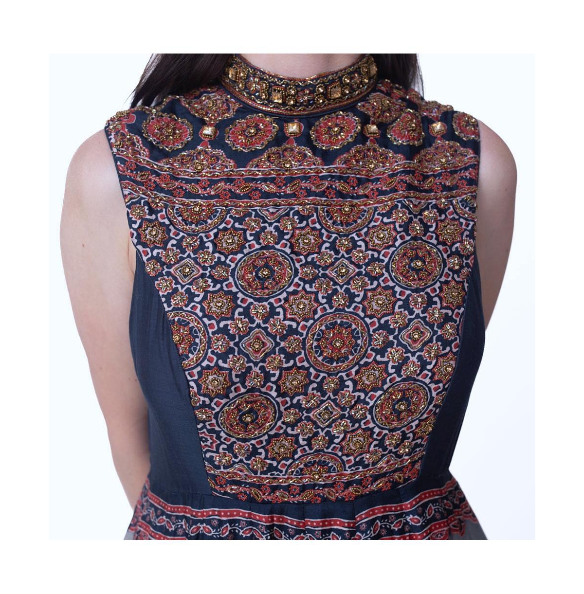 Raas Women's Black Gown with Ajrakh Print and Hand Embroidered Torso
