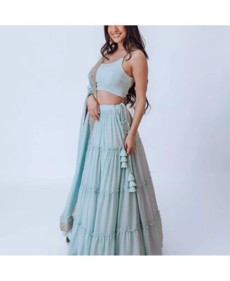 Women's Shimmer Sky Blue Tiered Skirt with Blouse and Dupatta