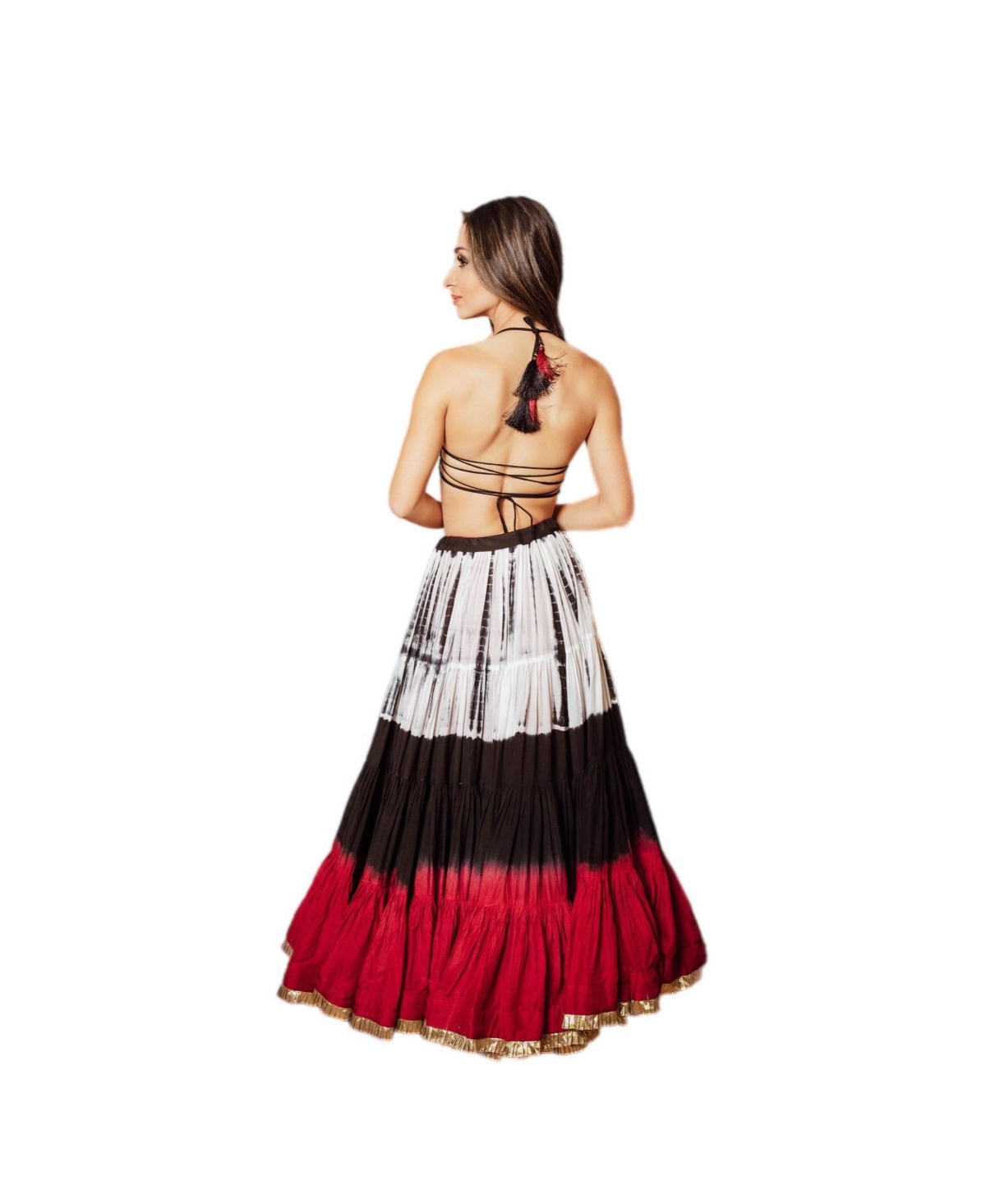 Raas Women's Red and Black Tie Dye Tiered Full Flare Lehenga Choli Set