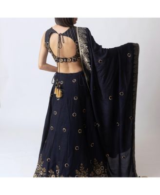Women's Blue and Gold Hand Embroidered Raw Silk Lehenga Choli