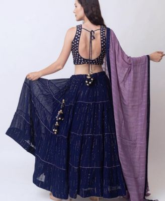 Women's Navy Blue Lehenga Choli Set with Tiered Skirt and Mirror Work Blouse