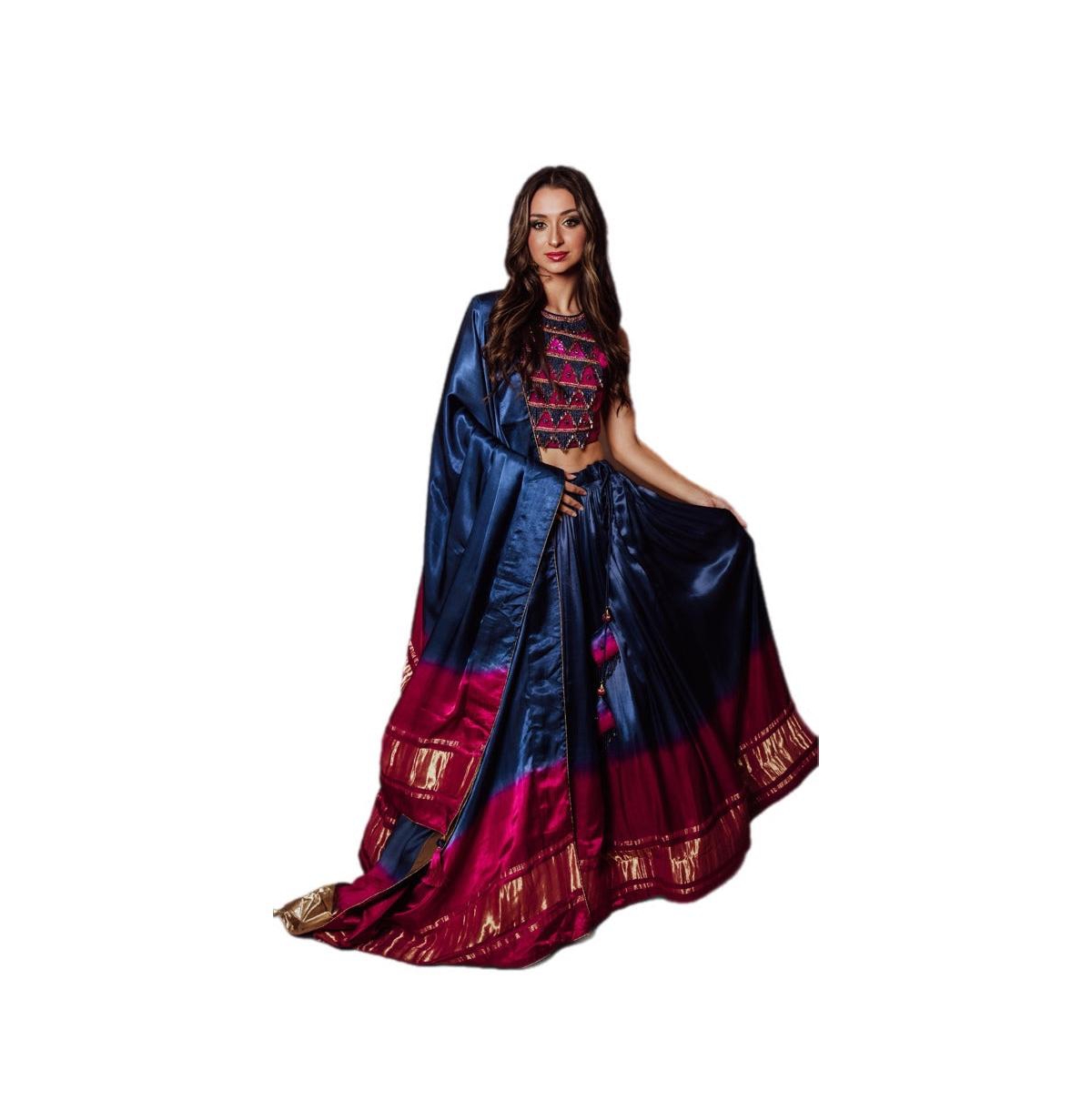 Raas Women's Blue and Pink Gaji Silk Lehenga Skirt with Sequins and Cutdana Embroidery Crop Blouse