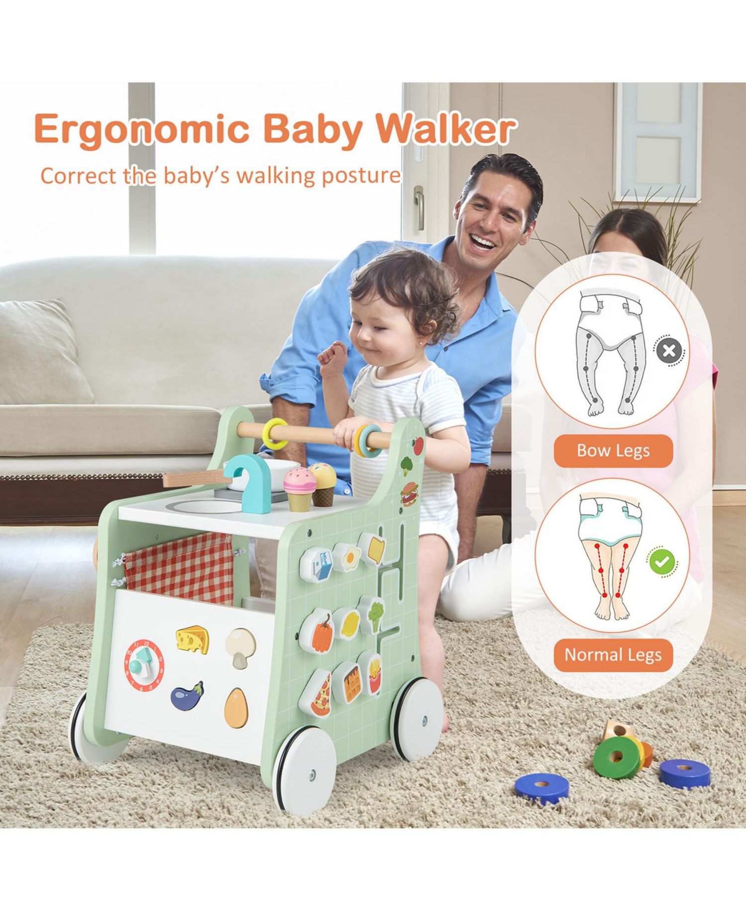 6-in-1 Baby Push Walker Wooden Strollers Activity Center Toy with