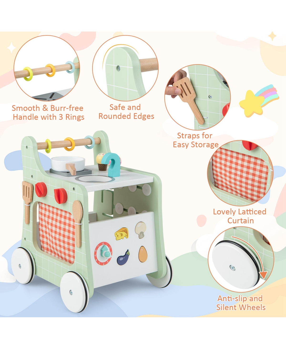 Costway 6-in-1 Baby Push Walker Wooden Strollers Learning Activity Center Toy with Kitchen