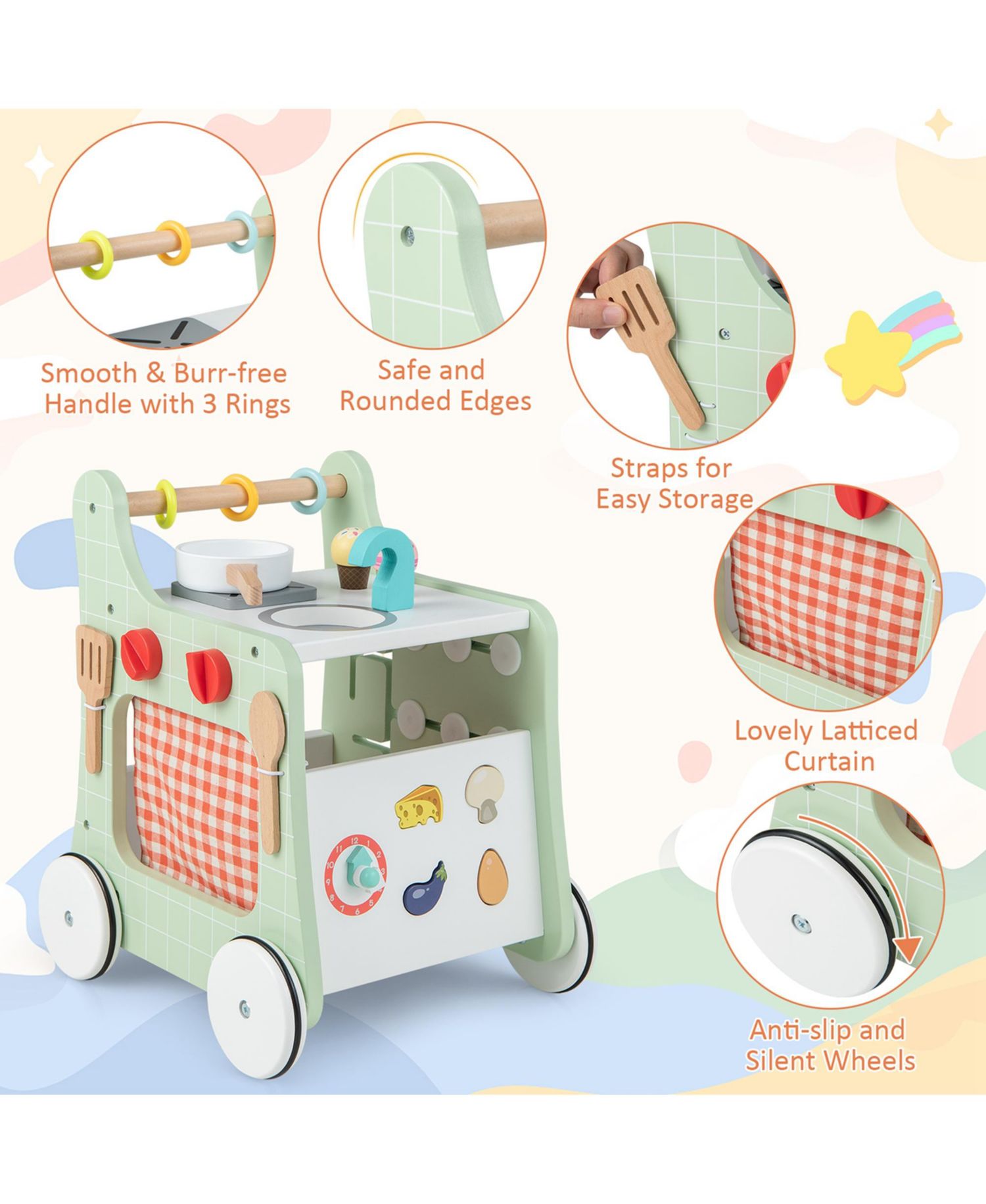 6-in-1 Baby Push Walker Wooden Strollers Activity Center Toy with