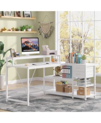 55-inches Reversible L Shaped Desk with Drawer, Modern White L Corner Desk Home Office Table, Wooden and Metal PC Desk