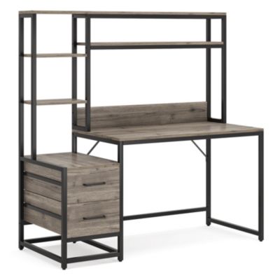 55 Inch Computer Desk with 2 Drawers and Storage Shelves, Rustic Office Desk with Hutch, Study Writing Gaming Table Laptop Workstation