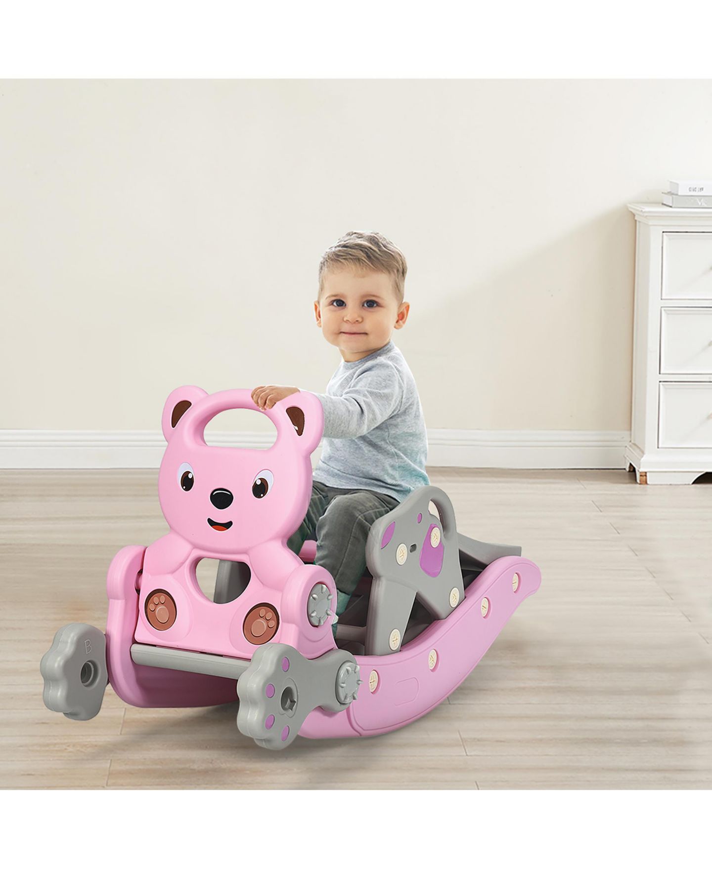 Детские игрушки Costway 4-in-1 Rocking Horse Slide Set with Basketball Hoop and Ring Game, 132 lbs., Ages 1-5, цвет: Розовый — фото 9