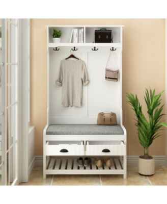 68.5 in. White Wood 3-in-1 Hall Tree Coat Rack Storage Bench with 4-Metal Double Hooks and 2-Drawers, Shelves