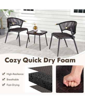 3 PCS Patio Rattan Furniture Set with Tempered Glass Tabletop Wicker Seat