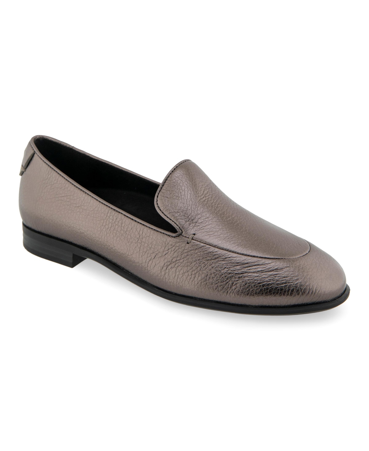 Shop Aerosoles Women's Wells Block Heel Loafers In Gunmetal Pebbled Leather