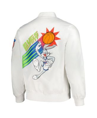 Men's White Looney Tunes Graphic Satin Full-Snap Jacket