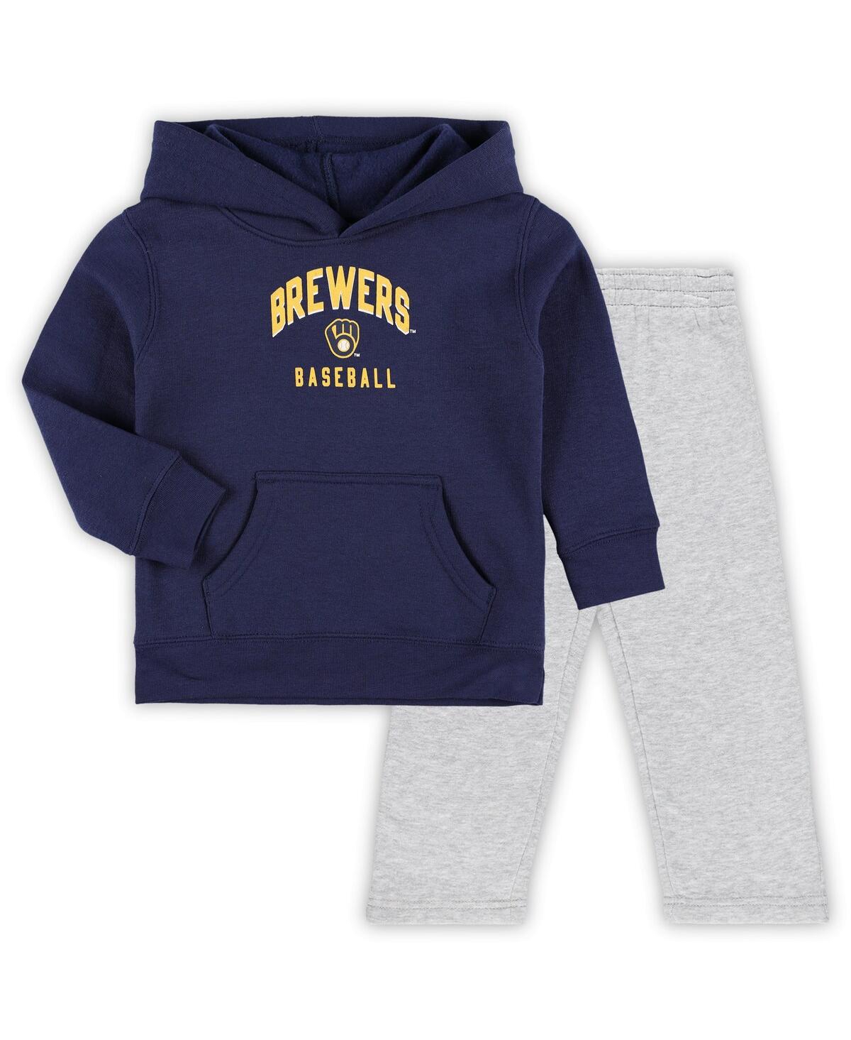 Outerstuff Toddler Navy/gray Milwaukee Brewers Play-by-play Pullover Fleece Hoodie Pants Set In Navy,gray