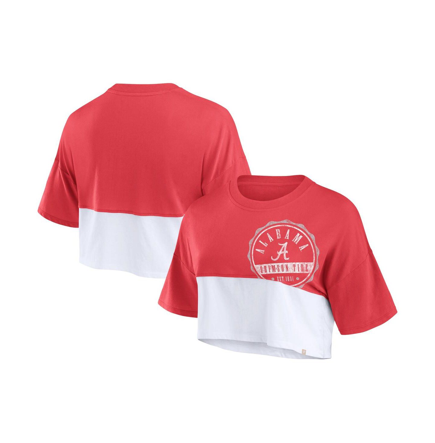 Женская футболка Fanatics Crimson/White Alabama Crimson Tide Oversized Badge Color block Cropped — фото 1