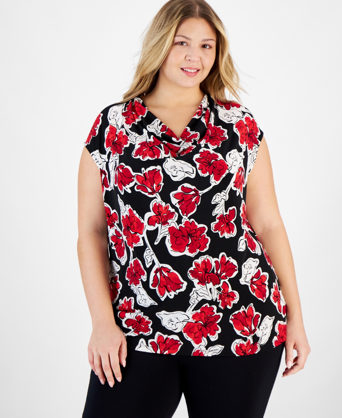 Plus Size Floral-Print Cap-Sleeve Cowlneck Top - Black Multi