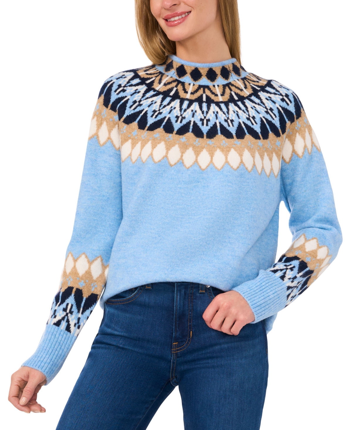 Cece Fair Isle Funnel Neck Sweater In Blue Heather