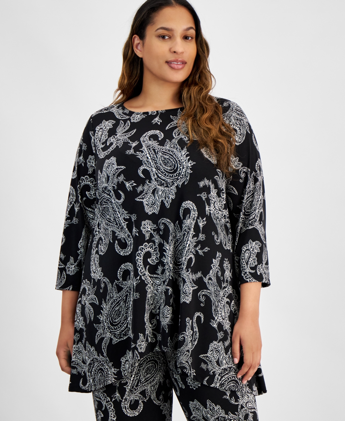 Jm Collection Plus Size Paisley-print Swing Top, Created For Macy's In Deep Black