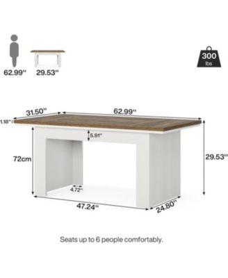 63" Farmhouse Dining Table for 4-6 People, Rectangle Kitchen Table Dining Room Table, Wood Family Dinner Table, Brown and White