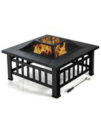 32 Inch 3 in 1 Outdoor Square Fire Pit Table with BBQ Grill and Rain Cover for Camping