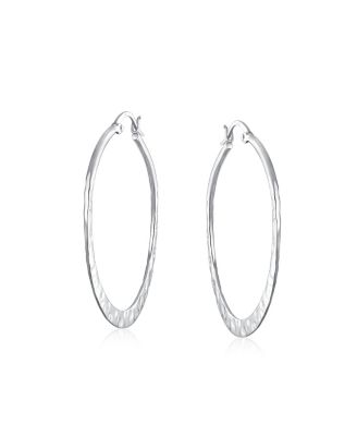 Boho Large Hammered Flat Thin Large Hoop Earrings Sterling Silver 1.5 Inch Diameter