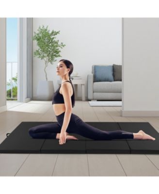 4-Panel PU Leather Folding Exercise Mat with Carrying Handles-Black