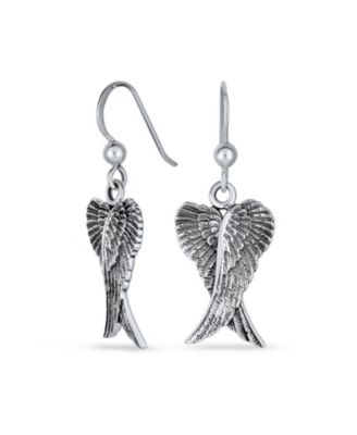 Heart Guardian Angel Wing Pendant Necklace and Dangle Earrings Set Silver