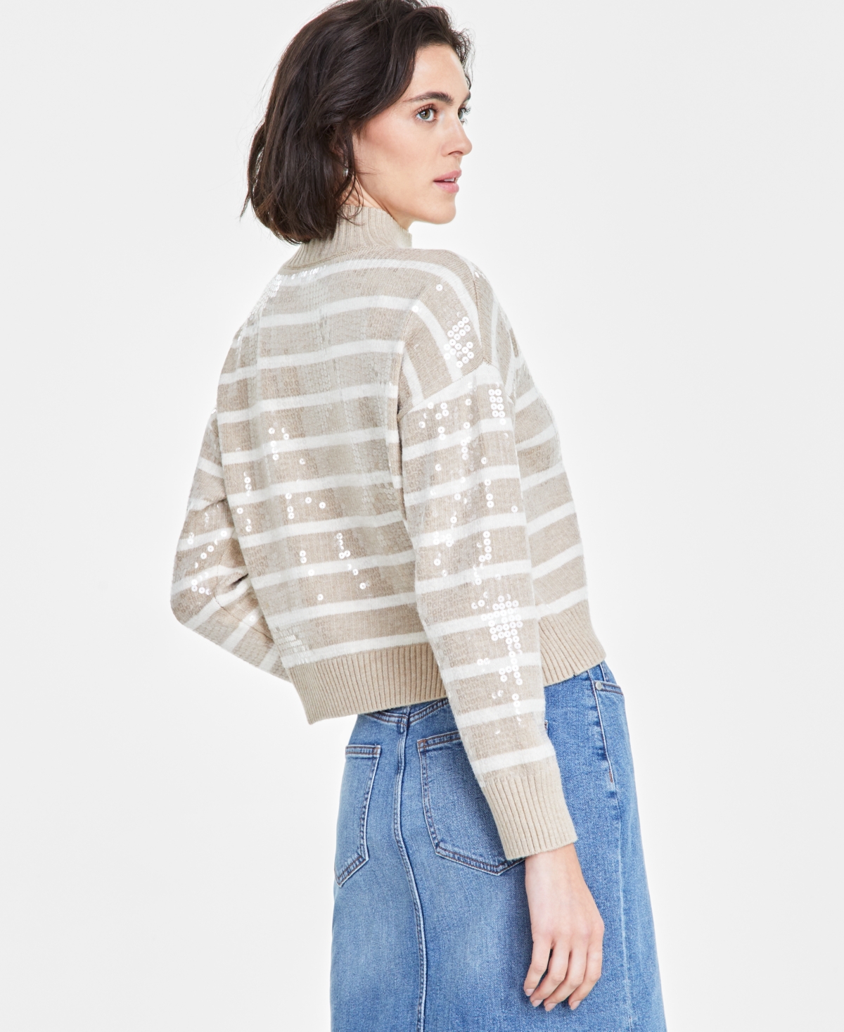 On 34th Women's Sequined Striped Mock-neck Sweater, Created For Macy's In Sandcastle Combo