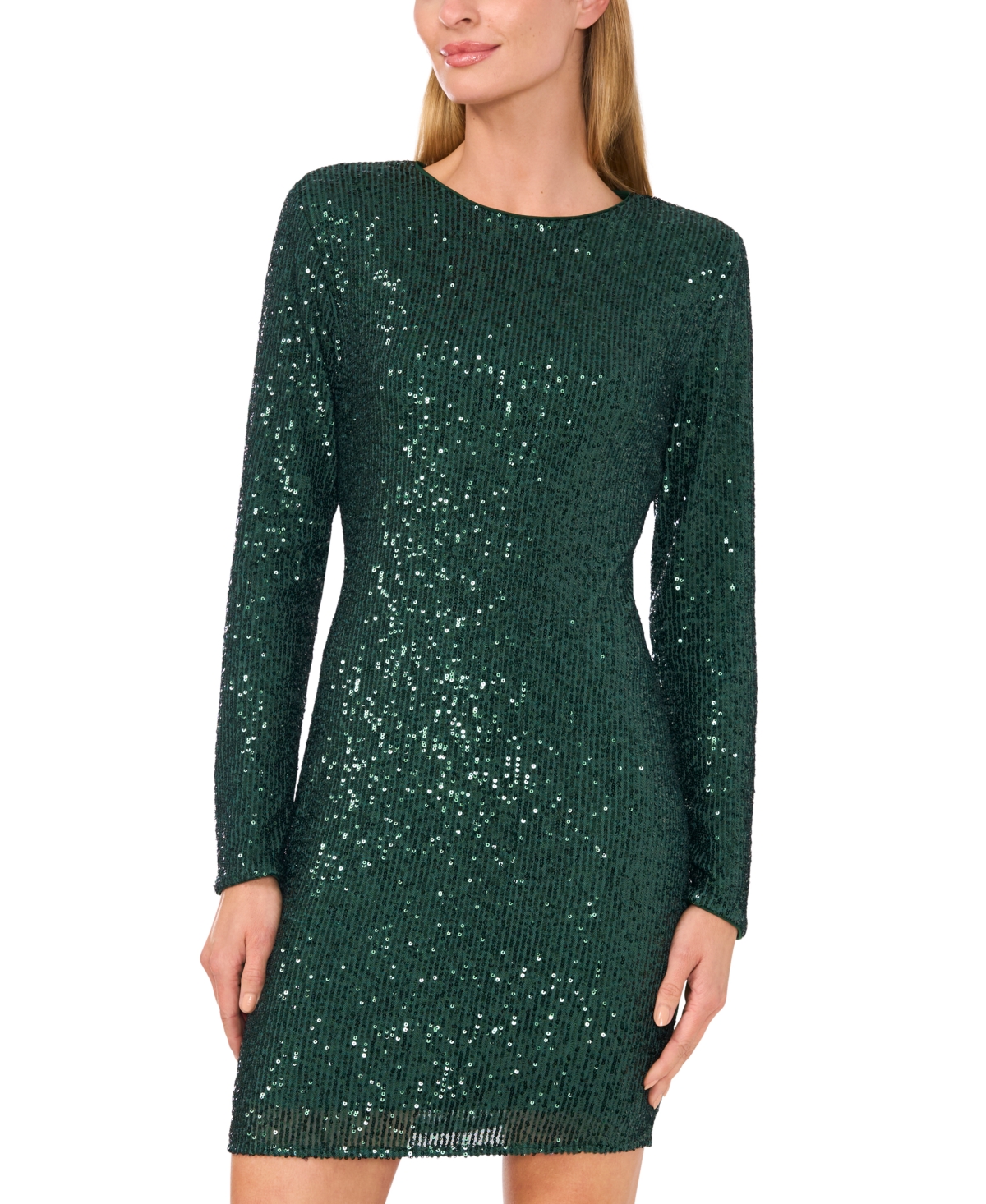 Shop Cece Women's Round-neck Long-sleeve Fitted Sequin Mini Dress In Alpine Green