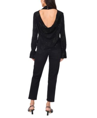 Women's Beaded Draped Mock Neck Blouse