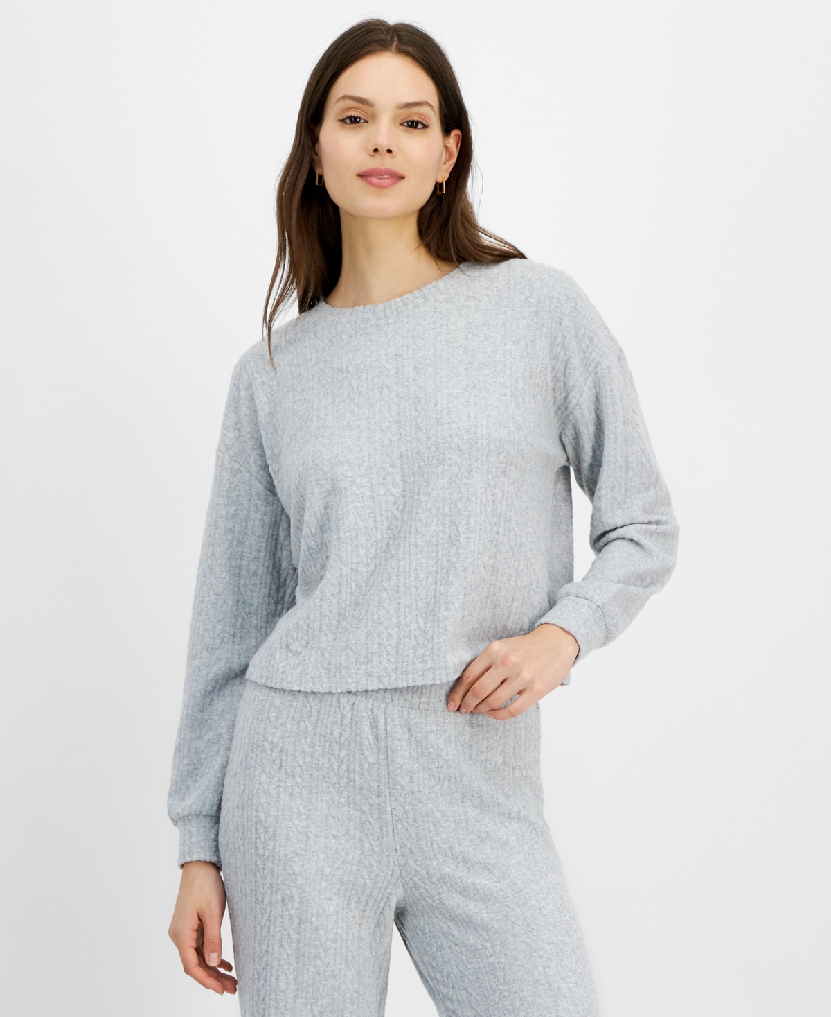 Juniors' Dream Fleece Cable-Knit Crewneck Top - Winter White