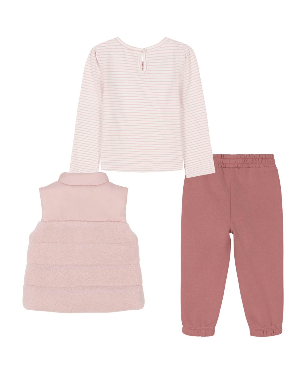 Calvin Klein Toddler and Little Girls Fleece Berber Quilted Vest, Long Sleeve Striped Tee Fleece Joggers, 3-Piece Set