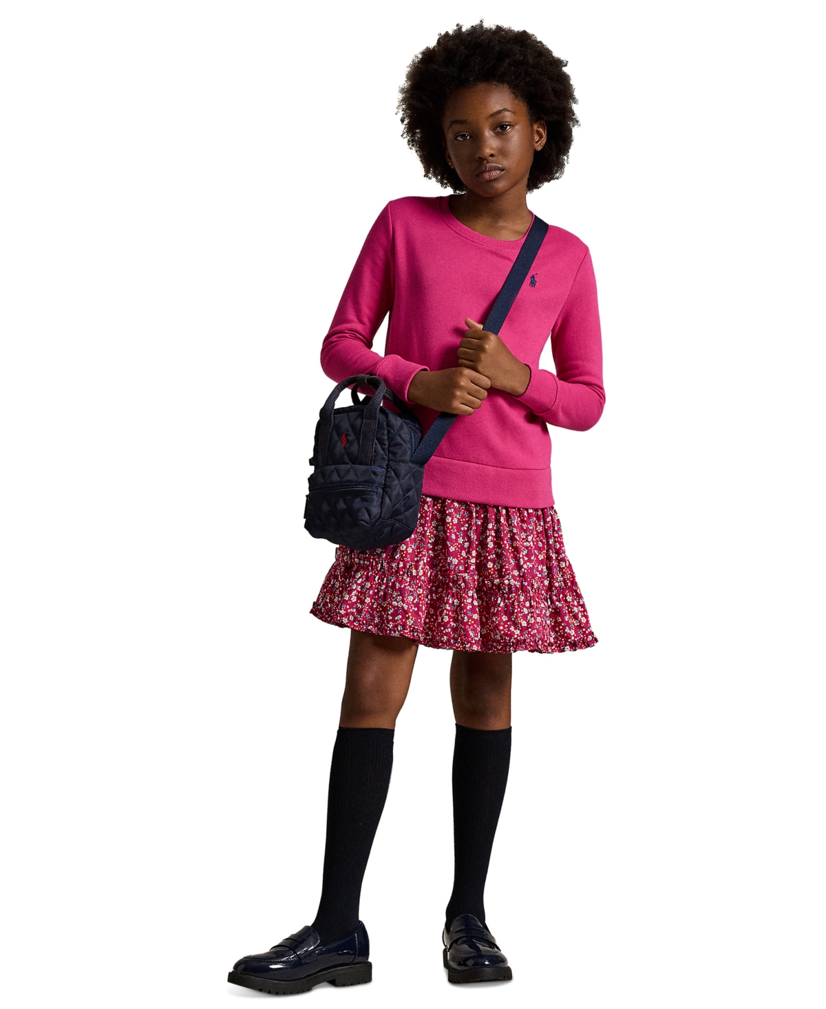 Polo Ralph Lauren Big Girls Floral Woven-Skirt Fleece Dress - NAVY