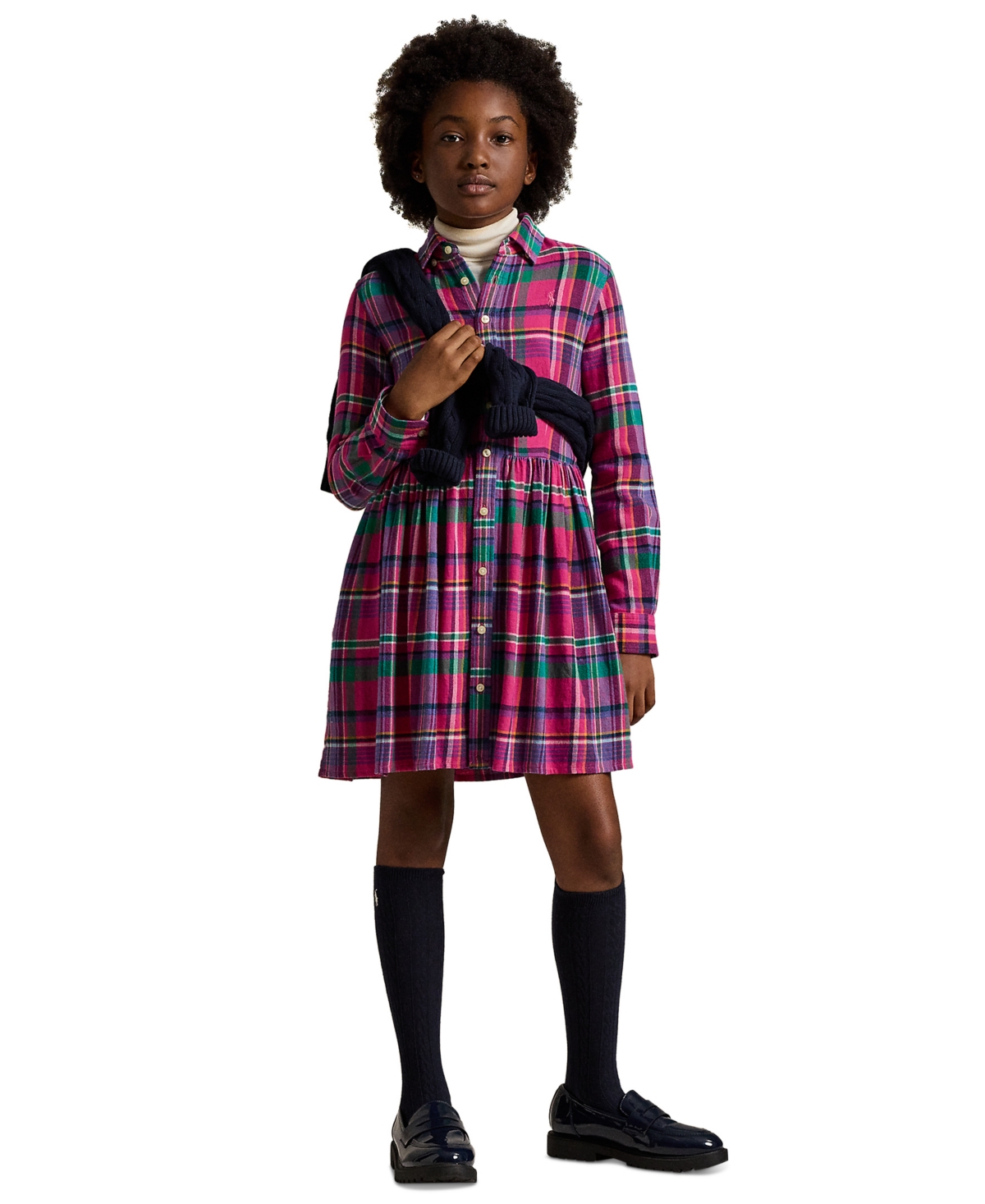 Polo Ralph Lauren Big Girls Plaid Cotton Twill Shirtdress - 142 PINK NAVY TWILL