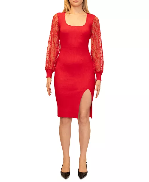 juniors' square-neck sequined-sleeve midi dress