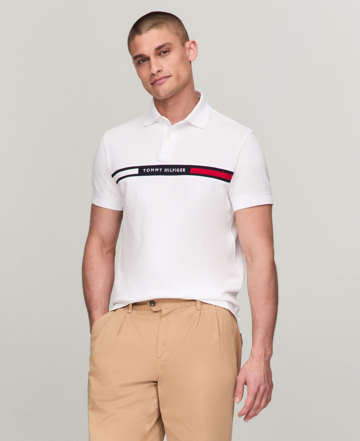 Men's Big & Tall Short Sleeve Embroidered Chest Stripe Polo Shirt - White