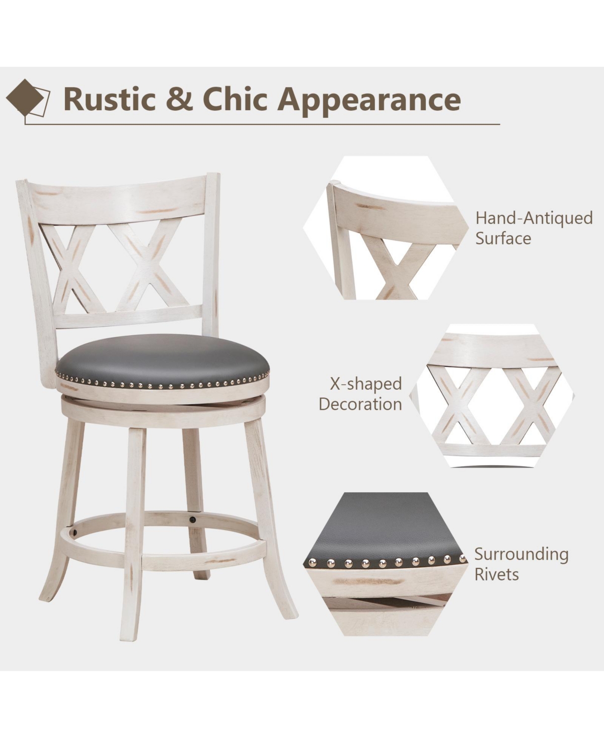 Sugift Hand-Antiqued Stool Set of 2 with Wider Padded Seat -pastel Grey
