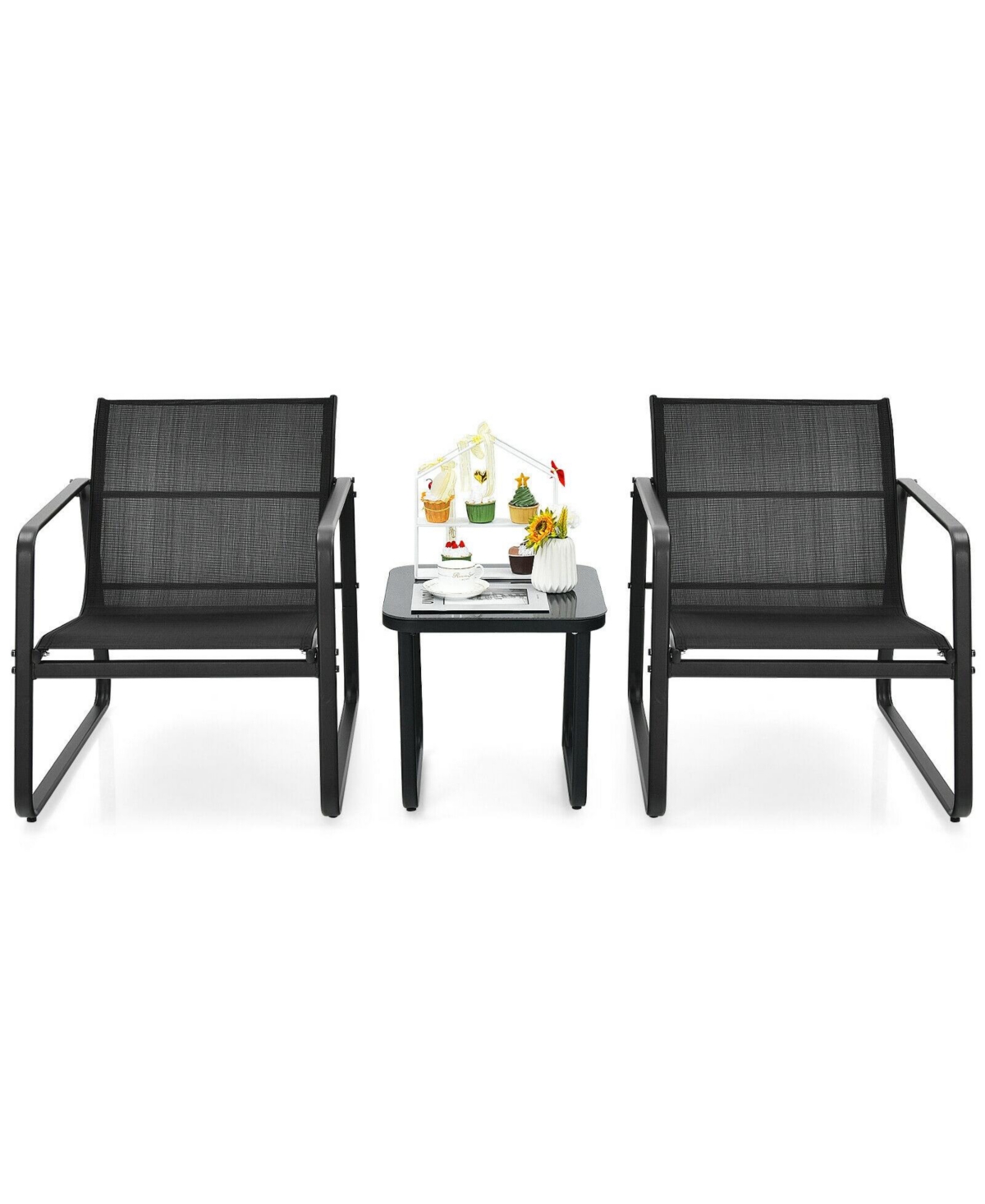 3 Pieces Patio Bistro Furniture Set with Glass Top Table Garden Deck
