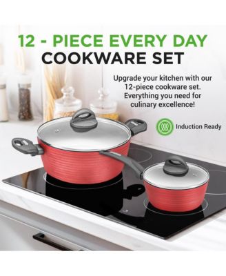 Kitchenware Pots & Pans Set - Stylish Kitchen Cookware, Non-Stick Coating Inside & Outside + Heat resistant Lacquer Outside, Dark Gray Inside and Red Outside (12-Piece Set)